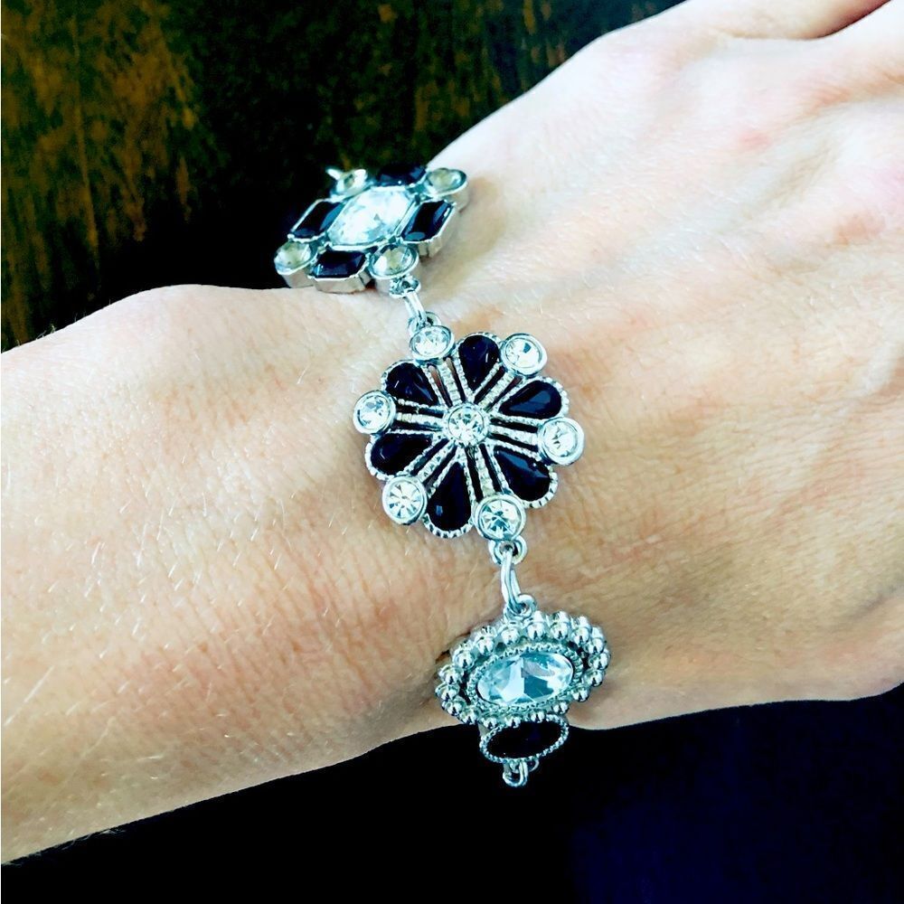 Silver Black Onyx Rhinestone Crystal Bracelet